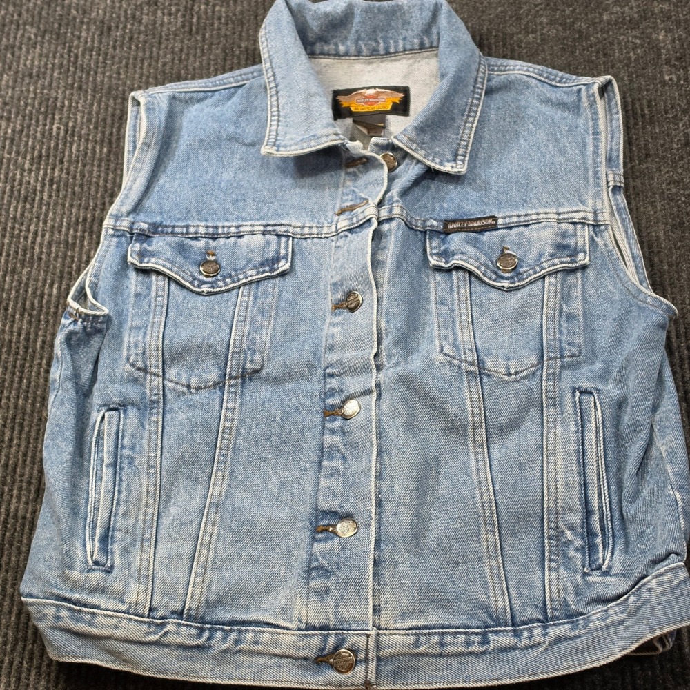 Harley-Davidson Denim Vest Mens L Blue Good Embroidered Logo‎ Biker Light Wash
